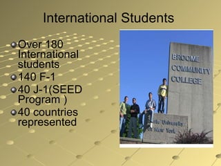 International Students Over 180 International students 140 F-1 40 J-1(SEED Program ) 40 countries represented  