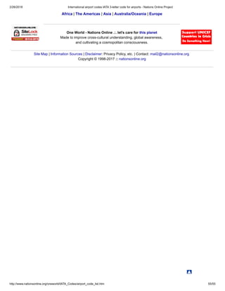 2/26/2018 International airport codes IATA 3-letter code for airports - Nations Online Project
http://www.nationsonline.org/oneworld/IATA_Codes/airport_code_list.htm 55/55
Africa | The Americas | Asia | Australia/Oceania | Europe
One World - Nations Online .:. let's care for this planet
Made to improve cross-cultural understanding, global awareness,
and cultivating a cosmopolitan consciousness.
Site Map | Information Sources | Disclaimer: Privacy Policy, etc. | Contact: mail2@nationsonline.org
Copyright © 1998-2017 :: nationsonline.org
 