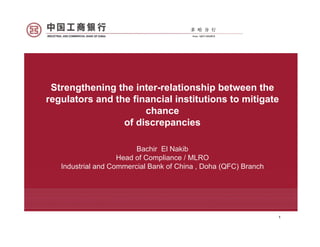 Strengthening the inter-relationship between the
regulators and the financial institutions to mitigate
                      chance
                       h
                 of discrepancies

                         Bachir El Nakib
                    Head of Compliance / MLRO
   Industrial and Commercial BankAl-Abed
                            Hussam of China , Doha (QFC) Branch
                                                   (   )




                                                                  1
 