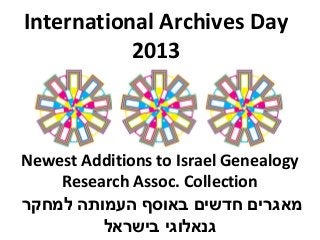 International Archives Day
2013
Newest Additions to Israel Genealogy
Research Assoc. Collection
‫למחקר‬ ‫העמותה‬ ‫באוסף‬ ‫חדשים‬ ‫מאגרים‬
‫בישראל‬ ‫גנאלוגי‬
 