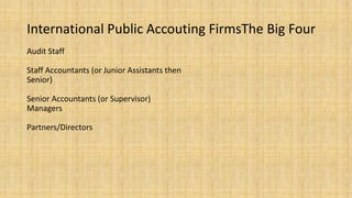 International Public Accouting FirmsThe Big Four
Audit Staff
Staff Accountants (or Junior Assistants then
Senior)
Senior Accountants (or Supervisor)
Managers
Partners/Directors
 