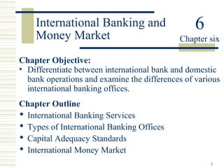 1
International Banking and
Money Market
Chapter Objective:
• Differentiate between international bank and domestic
bank operations and examine the differences of various
international banking offices.
Chapter Outline
 International Banking Services
 Types of International Banking Offices
 Capital Adequacy Standards
 International Money Market
6
Chapter six
 