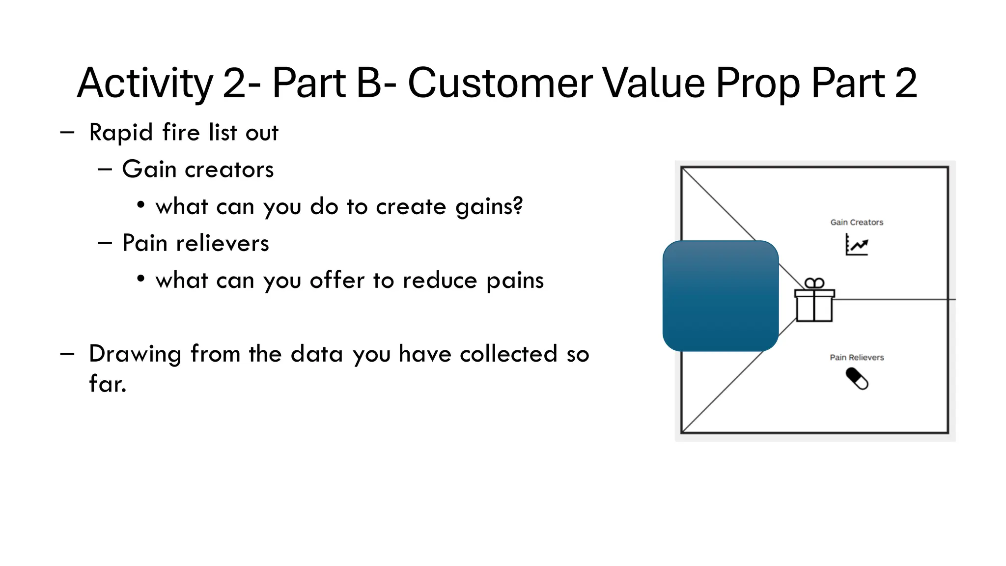 Activity 2- Part B- Customer Value Prop Part 2
– Rapid fire list out
– Gain creators
• what can you do to create gains?
– Pain relievers
• what can you offer to reduce pains
– Drawing from the data you have collected so
far.
 