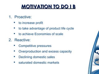 MMOOTTIIVVAATTIIOONN TTOO DDOO II BB 
1. Proactive: 
 to increase profit 
 to take advantage of product life cycle 
 to achieve Economies of scale 
2. Reactive: 
 Competitive pressures 
 Overproduction and excess capacity 
 Declining domestic sales 
 saturated domestic markets 
 