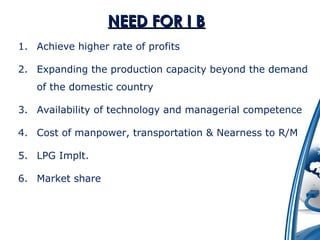 NNEEEEDD FFOORR II BB 
1. Achieve higher rate of profits 
2. Expanding the production capacity beyond the demand 
of the domestic country 
3. Availability of technology and managerial competence 
4. Cost of manpower, transportation & Nearness to R/M 
5. LPG Implt. 
6. Market share 
 