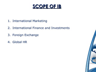 SSCCOOPPEE OOFF IIBB 
1. International Marketing 
2. International Finance and Investments 
3. Foreign Exchange 
4. Global HR 
 