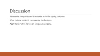 Discussion
Review the companies and discuss the realm for opting company.
What cultural impact it can make on the business.
Apply Porter’s Five Forces on a regional company.
 