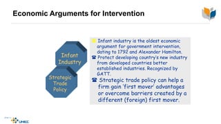Economic Arguments for Intervention
Infant
Industry
Strategic
Trade
Policy
 Infant industry is the oldest economic
argument for government intervention,
dating to 1792 and Alexander Hamilton.
 Protect developing country’s new industry
from developed countries better
established industries. Recognized by
GATT.
 Strategic trade policy can help a
firm gain ‘first mover’ advantages
or overcome barriers created by a
different (foreign) first mover.
 
