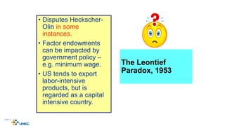 The Leontief
Paradox, 1953
• Disputes Heckscher-
Olin in some
instances.
• Factor endowments
can be impacted by
government policy –
e.g. minimum wage.
• US tends to export
labor-intensive
products, but is
regarded as a capital
intensive country.
4-21
McGraw-Hill/Irwin © 2003 The McGraw-Hill Companies, Inc., All Rights Reserved.
 
