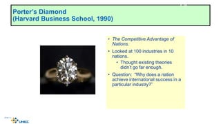 Porter’s Diamond
(Harvard Business School, 1990)
• The Competitive Advantage of
Nations.
• Looked at 100 industries in 10
nations.
• Thought existing theories
didn’t go far enough.
• Question: “Why does a nation
achieve international success in a
particular industry?”
4-28
McGraw-Hill/Irwin © 2003 The McGraw-Hill Companies, Inc., All Rights Reserved.
 