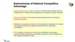 Determinants of National Competitive
Advantage
• Factor endowments: nation’s position in factors of production such as
skilled labor or infrastructure necessary to compete in a given industry.
• Demand conditions: the nature of home demand for the industry’s
product or service.
• Related and supporting industries: the presence or absence in a nation
of supplier industries or related industries that are nationally
competitive.
• Firm strategy, structure and rivalry: the conditions in the nation
governing how companies are created, organized, and managed and
the nature of domestic rivalry.
McGraw-Hill/Irwin © 2003 The McGraw-Hill Companies, Inc., All Rights Reserved.
 