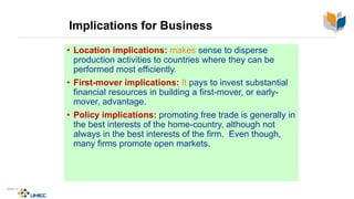 Implications for Business
• Location implications: makes sense to disperse
production activities to countries where they can be
performed most efficiently.
• First-mover implications: It pays to invest substantial
financial resources in building a first-mover, or early-
mover, advantage.
• Policy implications: promoting free trade is generally in
the best interests of the home-country, although not
always in the best interests of the firm. Even though,
many firms promote open markets.
 