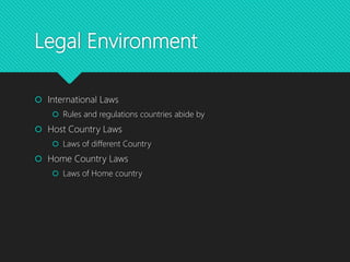 Legal Environment
 International Laws
 Rules and regulations countries abide by
 Host Country Laws
 Laws of different Country
 Home Country Laws
 Laws of Home country
 
