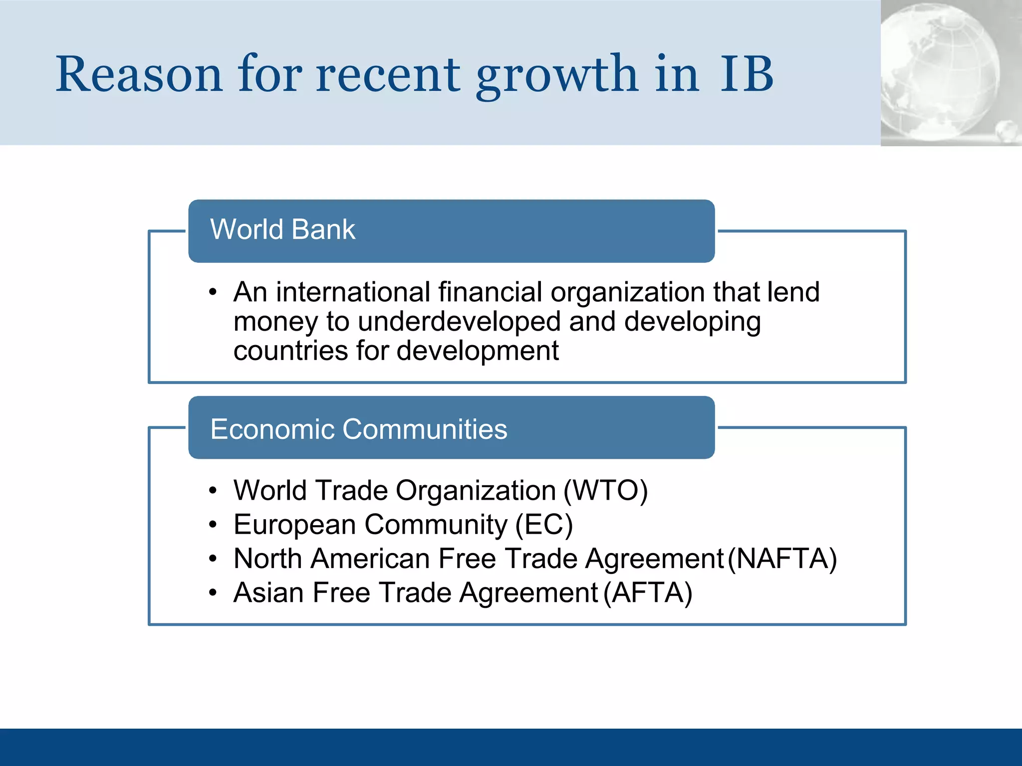 Reason for recent growth in IB
World Bank
• An international financial organization that lend
money to underdeveloped and developing
countries for development
Economic Communities
• World Trade Organization (WTO)
• European Community (EC)
• North American Free Trade Agreement(NAFTA)
• Asian Free Trade Agreement (AFTA)
 