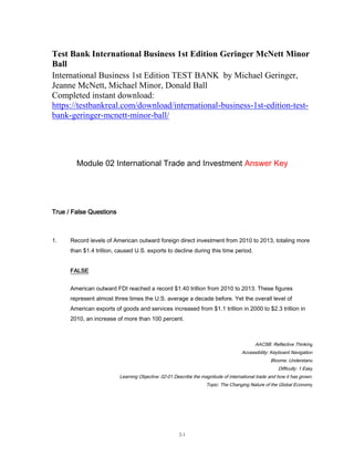 2-1
Test Bank International Business 1st Edition Geringer McNett Minor
Ball
International Business 1st Edition TEST BANK by Michael Geringer,
Jeanne McNett, Michael Minor, Donald Ball
Completed instant download:
https://testbankreal.com/download/international-business-1st-edition-test-
bank-geringer-mcnett-minor-ball/
Module 02 International Trade and Investment Answer Key
True / False Questions
1. Record levels of American outward foreign direct investment from 2010 to 2013, totaling more
than $1.4 trillion, caused U.S. exports to decline during this time period.
FALSE
American outward FDI reached a record $1.40 trillion from 2010 to 2013. These figures
represent almost three times the U.S. average a decade before. Yet the overall level of
American exports of goods and services increased from $1.1 trillion in 2000 to $2.3 trillion in
2010, an increase of more than 100 percent.
AACSB: Reflective Thinking
Accessibility: Keyboard Navigation
Blooms: Understand
Difficulty: 1 Easy
Learning Objective: 02-01 Describe the magnitude of international trade and how it has grown.
Topic: The Changing Nature of the Global Economy
 