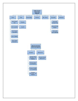 Fabric Care &
Home Care
Segment
Ariel
Ariel Excel
Gel
Ariel powder
Ariel Excel
Liquitabs
Ariel Tablets
Ariel Stain
Remover
Tide
Powder
Liquid
Dawn/fairy Camay Mr. Clean Duracell
Duracell
CooperTop
Duracell Ultra
Power
Duracell
Rechargeable
Ambipur
Baby Care & Family
Home Care Segment
Pampers
Pampers New
Baby Born: 0-5
Months
Pampers baby –
6-12 Months
Pampers Toddler
– 13-23 Months
Pampers
Preschool –24+
Months
Baby pants
Pampers Active
Baby Pants
 