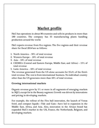 Market profile
P&G has operations in about 80 countries and sells its products in more than
180 countries. The company has 35 manufacturing plants handling
production around the world.
P&G reports revenue from five regions. The five regions and their revenue
share for fiscal 20141
are as follows:
1. North America – 39% of total revenue
2. Western Europe – 18% of total revenue
3. Asia – 18% of total revenue
4. CEEMEA (Central and Eastern Europe, Middle East, and Africa) – 15% of
total revenue
5. Latin America – 10% of total revenue
The revenue generated from the US alone accounts for 35.4% of the firm’s
total revenue. The rest is from international business. No individual country
other than the US generates more than 10% of total revenue.
Growing international markets
Organic revenue grew by 1% or more in all segments of emerging markets
in 3Q15, except for in the Beauty segment. Growth was driven by innovations
and pricing in developing markets.
For example, the rollout of the Flex ball innovation, the launch of Venus
Swirl, and compact liquids—Tide and Gain—have led to expansion in the
Middle East, Africa, and Asia. Also, innovation in the Always brand has
expanded P&G’s market in the UK, France, the Netherlands, Belgium, and
developing markets.
 