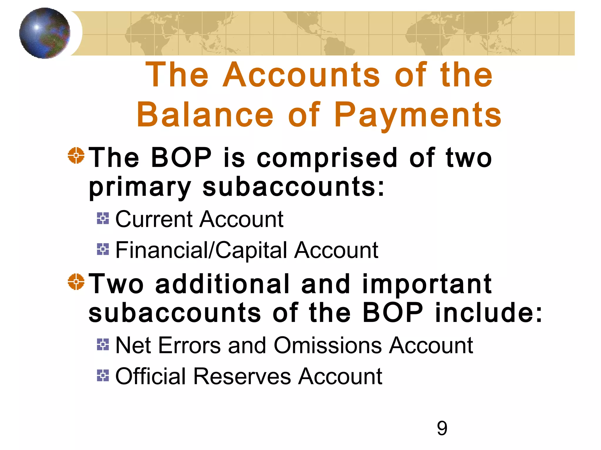 9
The Accounts of the
Balance of Payments
The BOP is comprised of two
primary subaccounts:
Current Account
Financial/Capital Account
Two additional and important
subaccounts of the BOP include:
Net Errors and Omissions Account
Official Reserves Account
 