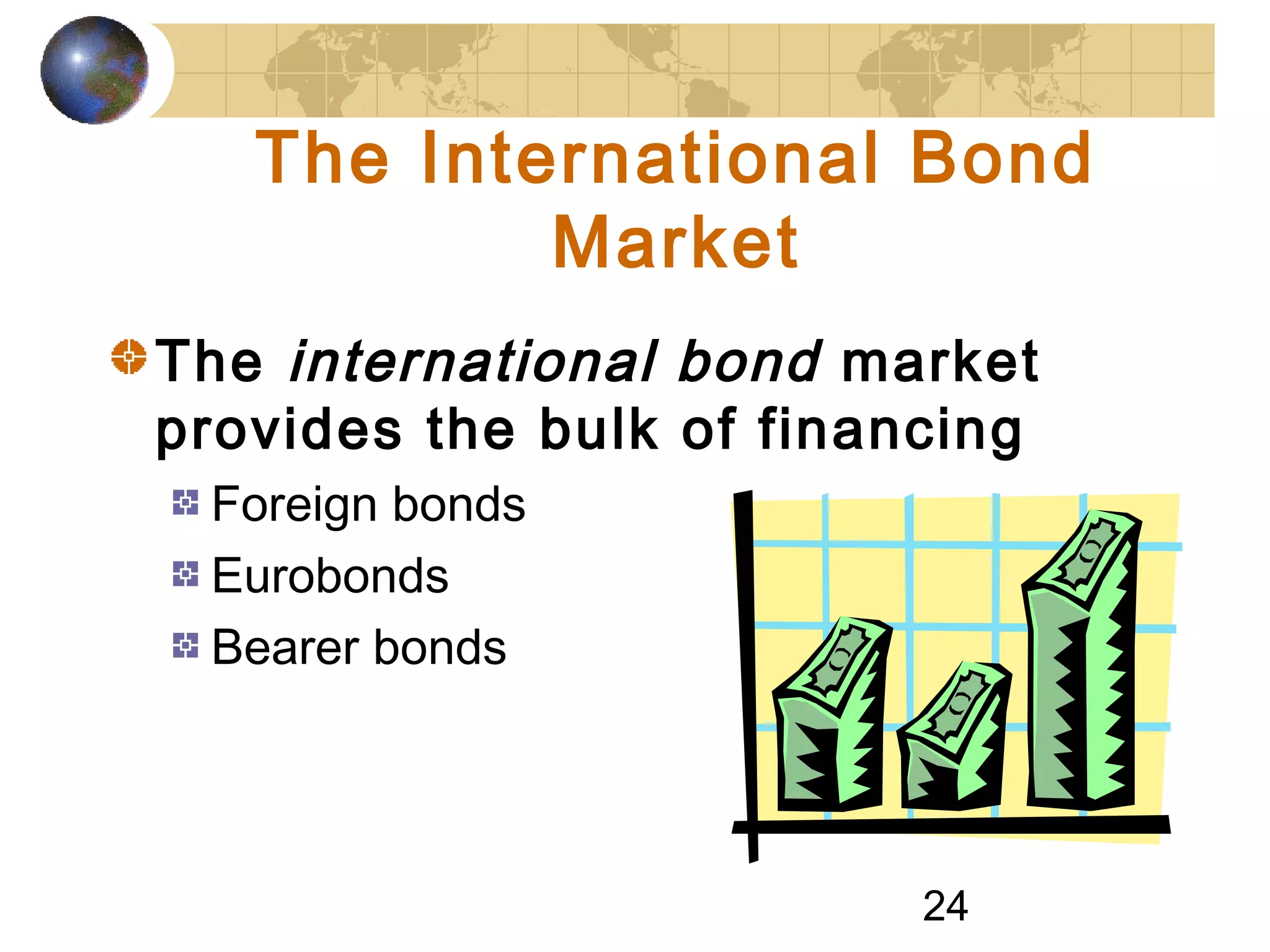 24
The International Bond
Market
The international bond market
provides the bulk of financing
Foreign bonds
Eurobonds
Bearer bonds
 