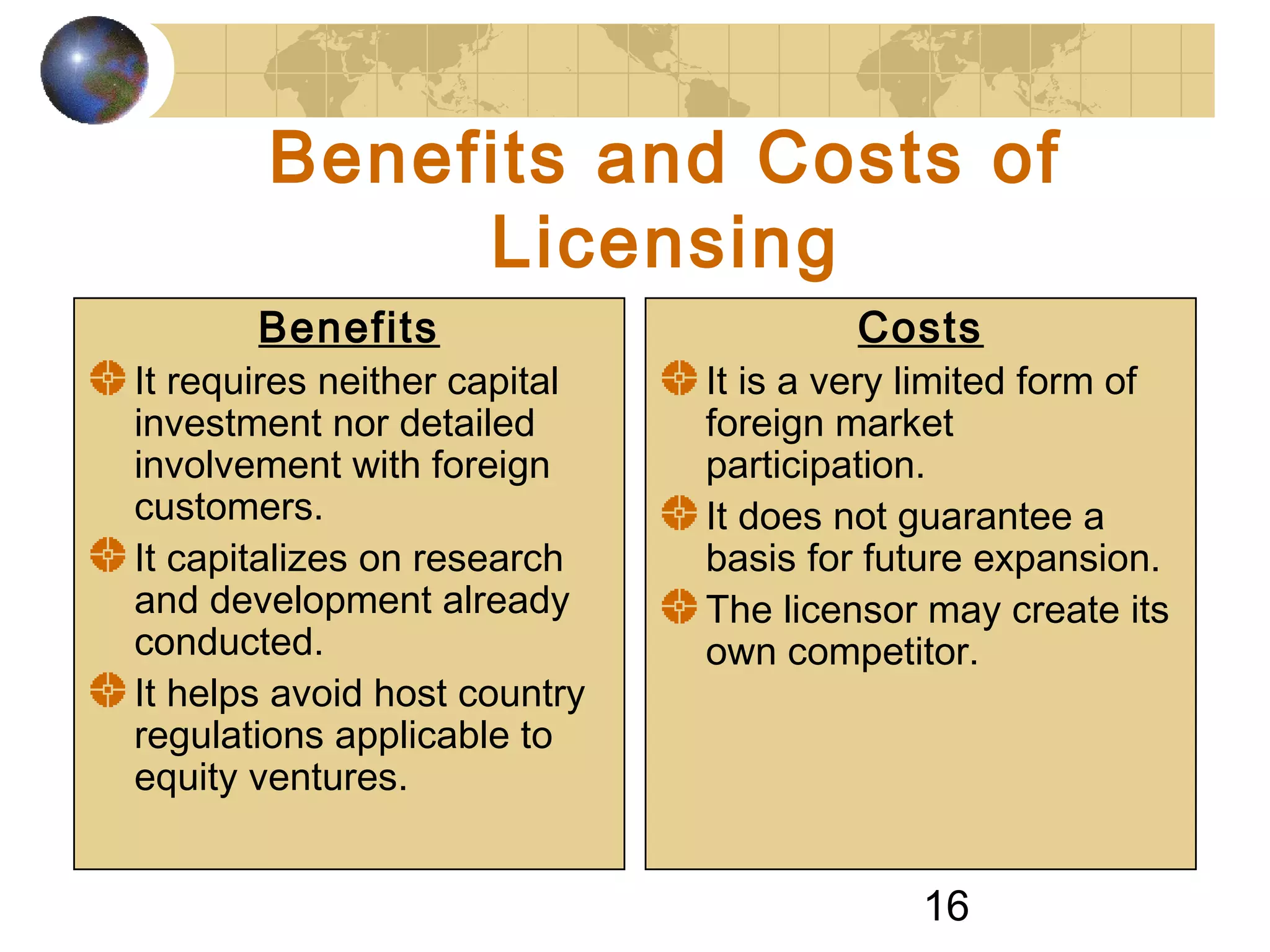 16
Benefits and Costs of
Licensing
Benefits
It requires neither capital
investment nor detailed
involvement with foreign
customers.
It capitalizes on research
and development already
conducted.
It helps avoid host country
regulations applicable to
equity ventures.
Costs
It is a very limited form of
foreign market
participation.
It does not guarantee a
basis for future expansion.
The licensor may create its
own competitor.
 