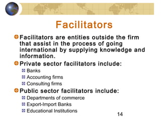 14
Facilitators
Facilitators are entities outside the firm
that assist in the process of going
international by supplying knowledge and
information.
Private sector facilitators include:
Banks
Accounting firms
Consulting firms
Public sector facilitators include:
Departments of commerce
Export-Import Banks
Educational Institutions
 