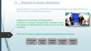 2) Regional Economic Integration
Regional alliances to promote liberalization and international trade are an important feature of
the post-World war II international landscape.
FORMS OF ECONOMIC INTEGRATION:
Countries are seeking to integrate their economies to open
new markets for their businesses and lower prices for their
consumers.
There are five types of regional economic integration between countries:
Common
Market
Economic
Union
Political
Union
Free Trade
Area
Customs
Union
6
 