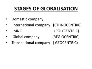 STAGES OF GLOBALISATION
•
•
•
•
•

Domestic company
International company
MNC
Global company
Transnational company

(ETHNOCENTRIC)
(POLYCENTRIC)
(REGIOCENTRIC)
( GEOCENTRIC)

 