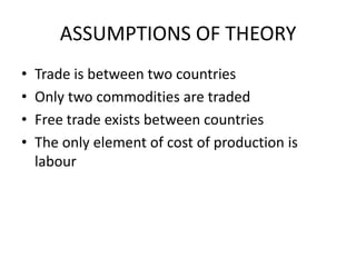 ASSUMPTIONS OF THEORY
•
•
•
•

Trade is between two countries
Only two commodities are traded
Free trade exists between countries
The only element of cost of production is
labour

 