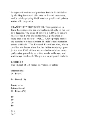 is expected to drastically reduce India's fiscal deficit
by shifting increased oil costs to the end consumer,
and level the playing field between public and private
sector oil companies.
TRANSPORTATION SECTOR. Transportation in
India has undergone rapid development only in the last
two decades. The onus of covering 1,269,210 square
miles of land area and supporting a population of
more than one billion (1,028,737,436) people makes
the sustainable development of India's transportation
sector difficult." The Eleventh Five-Year plan, which
detailed the latest plans for the Indian economy, pro-
jected that $500 billion was needed to achieve com-
prehensive growth in aviation, roads, railways, and
waterways combined. The plan also proposed rnobili-
EXHIBIT 5
The Impact of Oil Prices on Various Factors
lntematinnal
Oil Prices
Per Barrel IS)
Increase in
International
Oil Prices (%)
50
60
70
80
38.9
66.7
 