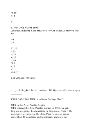 '5 10
#. 5
o
I. JFM 200S 0 JFM 10091
Aviation Industry Cost Structure for Otr Ended JFM09 ve JFM
08
40
35
!'! 30
- 25
~ 20
t; 15
z 10
'5 5
#. 0
-5
-10 •I"
I·JFM20090JFM200sl
.... _;::8::8~_4-.-::ln::te::rnational BUSjn~e=ss~S~t~ra~te~g~y
________
C408 CASE 26 I UPS In India-A Package Deal?
UPS in the Asia-Pacific Region
UPS entered the Asia-Pacific market in 1986, by set-
ting up a regional headquarters in Singapore. Today, the
company's presence in the Asia-Paci fie region spans
more than 40 countries and territories, and employs
 