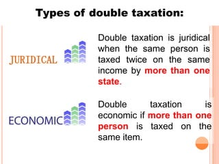 Types of double taxation:

JURIDICAL

Double taxation is juridical
when the same person is
taxed twice on the same
income by more than one
state.
Double
taxation
is
economic if more than one
person is taxed on the
same item.

 