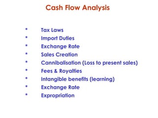 Cash Flow Analysis
*

Tax Laws

*

Import Duties

*

Exchange Rate

*

Sales Creation

*

Cannibalisation (Loss to present sales)

*

Fees & Royalties

*

Intangible benefits (learning)

*

Exchange Rate

*

Expropriation

 