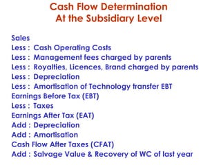 Cash Flow Determination
At the Subsidiary Level
Sales
Less : Cash Operating Costs
Less : Management fees charged by parents
Less : Royalties, Licences, Brand charged by parents
Less : Depreciation
Less : Amortisation of Technology transfer EBT
Earnings Before Tax (EBT)
Less : Taxes
Earnings After Tax (EAT)
Add : Depreciation
Add : Amortisation
Cash Flow After Taxes (CFAT)
Add : Salvage Value & Recovery of WC of last year

 