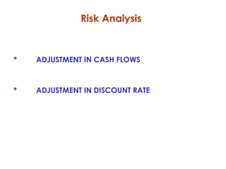 Risk Analysis

*

ADJUSTMENT IN CASH FLOWS

*

ADJUSTMENT IN DISCOUNT RATE

 