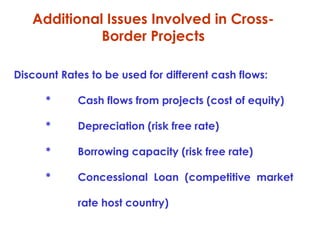 Additional Issues Involved in CrossBorder Projects
Discount Rates to be used for different cash flows:
*

Cash flows from projects (cost of equity)

*

Depreciation (risk free rate)

*

Borrowing capacity (risk free rate)

*

Concessional Loan (competitive market
rate host country)

 