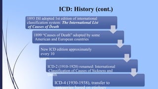 ICD: History (cont.)
1893 ISI adopted 1st edition of international
classification system: The International List
of Causes of Death
1899 “Causes of Death” adopted by some
American and European countries
New ICD edition approximately
every 10
years
ICD-2 (1910-1920) renamed: International
Classification of Causes of Sickness and
Death
ICD-4 (1930-1938), transfer to
categories based on etiology
 