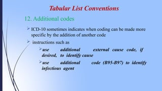 12. Additional codes
 ICD-10 sometimes indicates when coding can be made more
specific by the addition of another code
 instructions such as
use additional external cause code, if
desired, to identify cause
use additional code (B95-B97) to identify
infectious agent
Tabular List Conventions
 