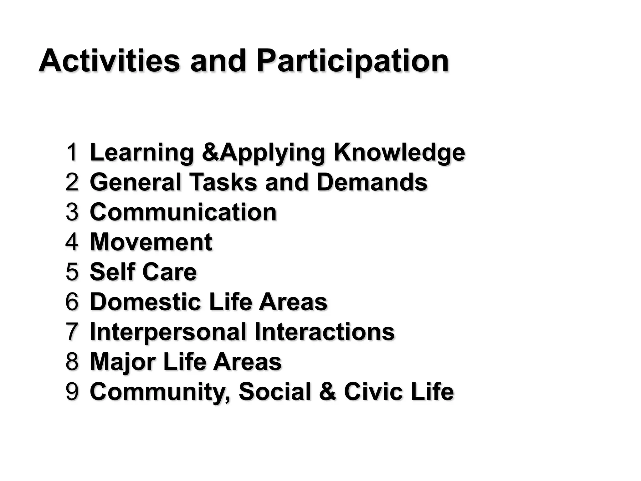 Activities and Participation
1 Learning &Applying Knowledge
2 General Tasks and Demands
3 Communication
4 Movement
5 Self Care
6 Domestic Life Areas
7 Interpersonal Interactions
8 Major Life Areas
9 Community, Social & Civic Life
 