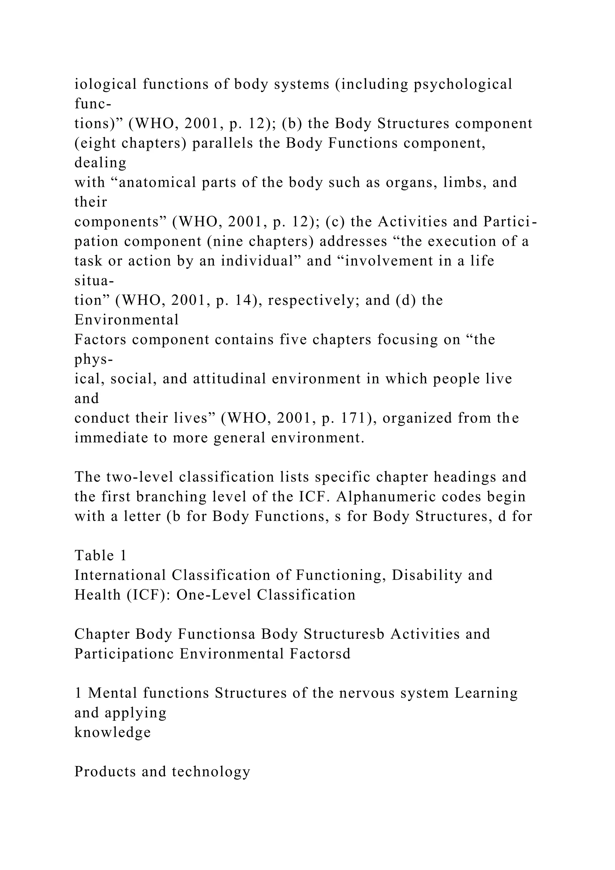 iological functions of body systems (including psychological
func-
tions)” (WHO, 2001, p. 12); (b) the Body Structures component
(eight chapters) parallels the Body Functions component,
dealing
with “anatomical parts of the body such as organs, limbs, and
their
components” (WHO, 2001, p. 12); (c) the Activities and Partici-
pation component (nine chapters) addresses “the execution of a
task or action by an individual” and “involvement in a life
situa-
tion” (WHO, 2001, p. 14), respectively; and (d) the
Environmental
Factors component contains five chapters focusing on “the
phys-
ical, social, and attitudinal environment in which people live
and
conduct their lives” (WHO, 2001, p. 171), organized from the
immediate to more general environment.
The two-level classification lists specific chapter headings and
the first branching level of the ICF. Alphanumeric codes begin
with a letter (b for Body Functions, s for Body Structures, d for
Table 1
International Classification of Functioning, Disability and
Health (ICF): One-Level Classification
Chapter Body Functionsa Body Structuresb Activities and
Participationc Environmental Factorsd
1 Mental functions Structures of the nervous system Learning
and applying
knowledge
Products and technology
 