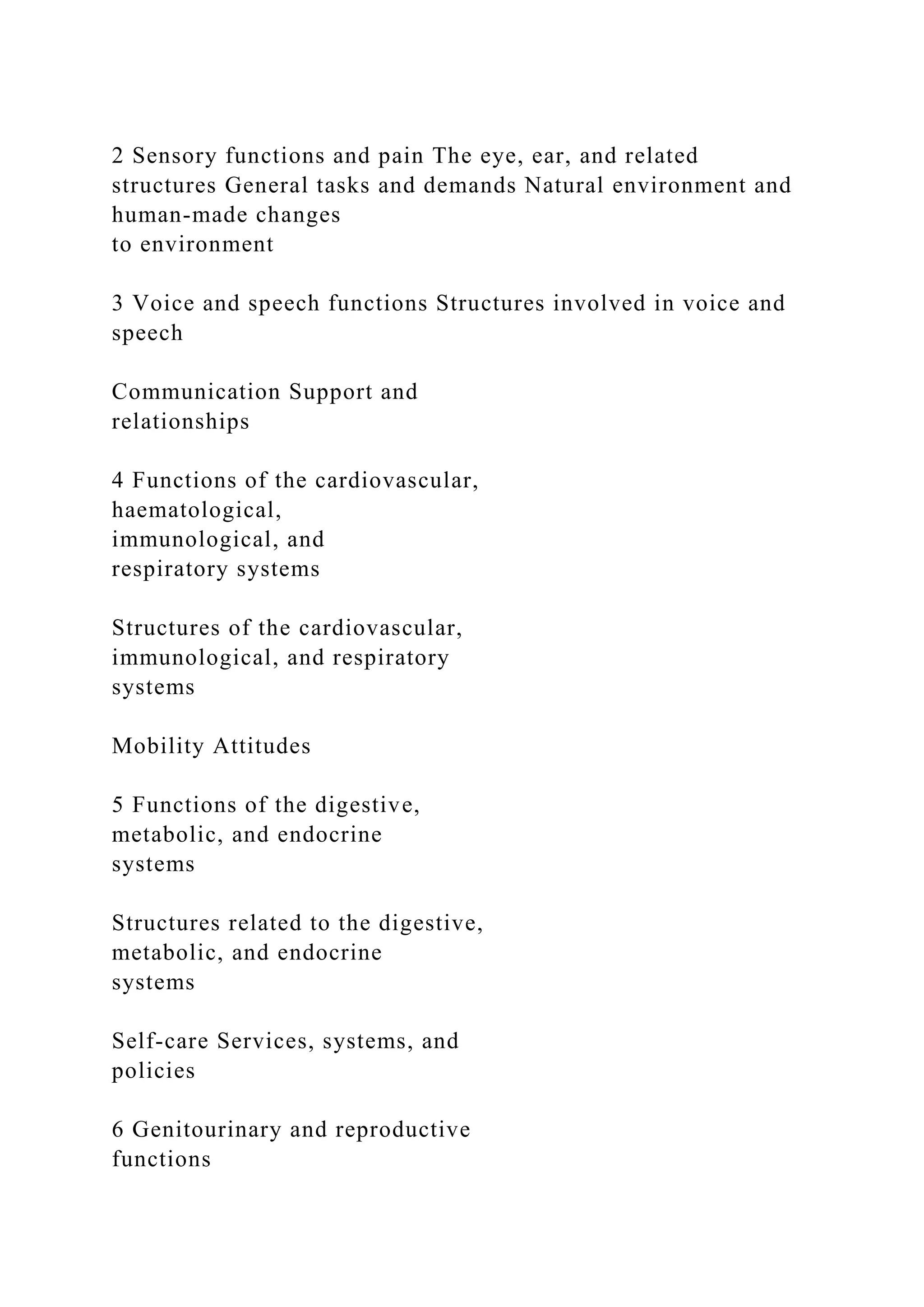 2 Sensory functions and pain The eye, ear, and related
structures General tasks and demands Natural environment and
human-made changes
to environment
3 Voice and speech functions Structures involved in voice and
speech
Communication Support and
relationships
4 Functions of the cardiovascular,
haematological,
immunological, and
respiratory systems
Structures of the cardiovascular,
immunological, and respiratory
systems
Mobility Attitudes
5 Functions of the digestive,
metabolic, and endocrine
systems
Structures related to the digestive,
metabolic, and endocrine
systems
Self-care Services, systems, and
policies
6 Genitourinary and reproductive
functions
 