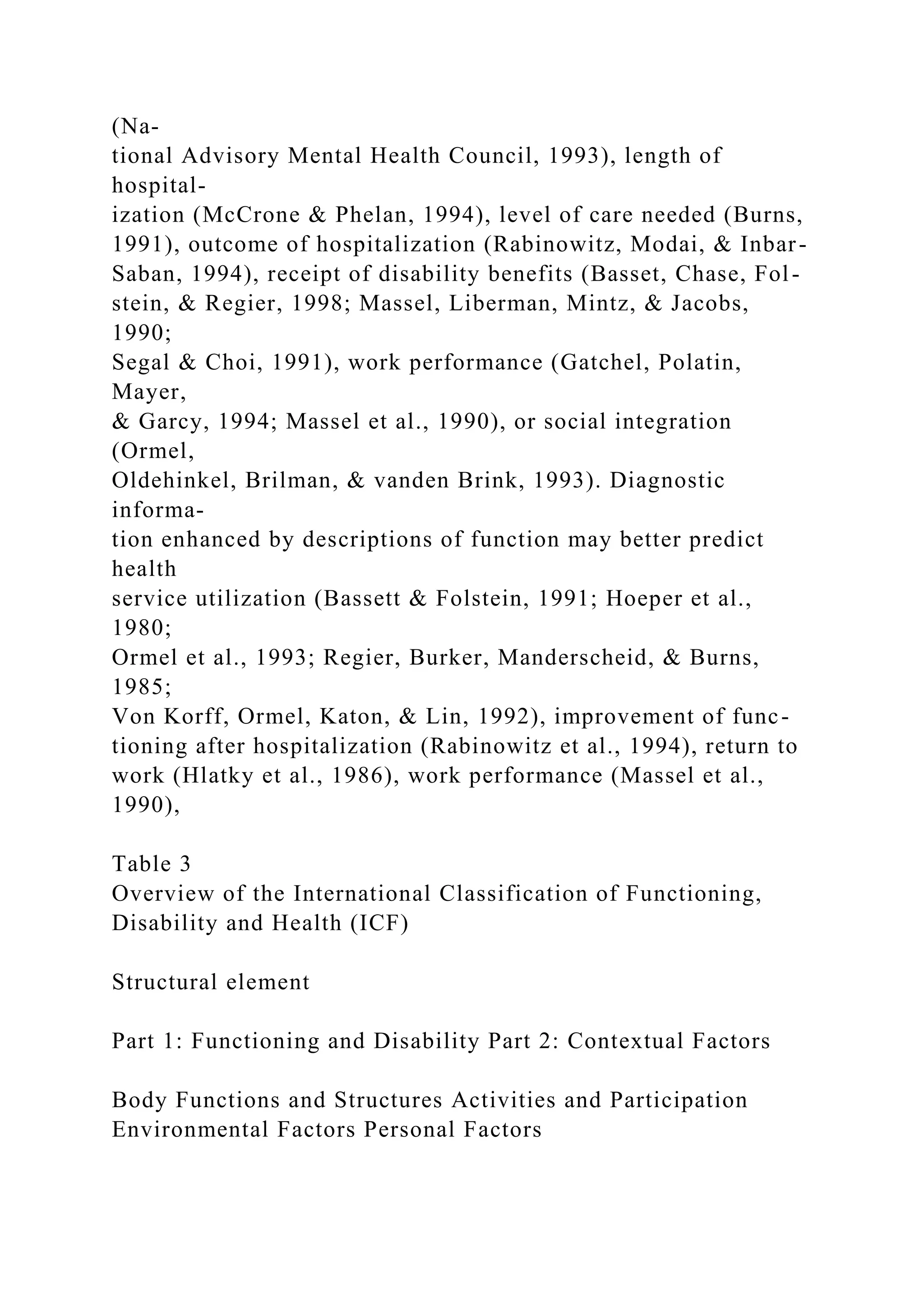(Na-
tional Advisory Mental Health Council, 1993), length of
hospital-
ization (McCrone & Phelan, 1994), level of care needed (Burns,
1991), outcome of hospitalization (Rabinowitz, Modai, & Inbar-
Saban, 1994), receipt of disability benefits (Basset, Chase, Fol-
stein, & Regier, 1998; Massel, Liberman, Mintz, & Jacobs,
1990;
Segal & Choi, 1991), work performance (Gatchel, Polatin,
Mayer,
& Garcy, 1994; Massel et al., 1990), or social integration
(Ormel,
Oldehinkel, Brilman, & vanden Brink, 1993). Diagnostic
informa-
tion enhanced by descriptions of function may better predict
health
service utilization (Bassett & Folstein, 1991; Hoeper et al.,
1980;
Ormel et al., 1993; Regier, Burker, Manderscheid, & Burns,
1985;
Von Korff, Ormel, Katon, & Lin, 1992), improvement of func-
tioning after hospitalization (Rabinowitz et al., 1994), return to
work (Hlatky et al., 1986), work performance (Massel et al.,
1990),
Table 3
Overview of the International Classification of Functioning,
Disability and Health (ICF)
Structural element
Part 1: Functioning and Disability Part 2: Contextual Factors
Body Functions and Structures Activities and Participation
Environmental Factors Personal Factors
 