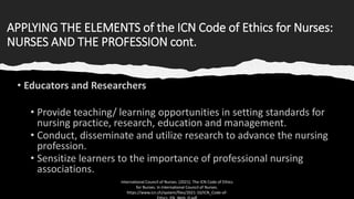APPLYING THE ELEMENTS of the ICN Code of Ethics for Nurses:
NURSES AND THE PROFESSION cont.
International Council of Nurses. (2021). The ICN Code of Ethics
for Nurses. In International Council of Nurses.
https://www.icn.ch/system/files/2021-10/ICN_Code-of-
 