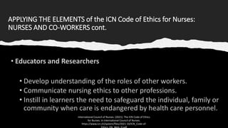 APPLYING THE ELEMENTS of the ICN Code of Ethics for Nurses:
NURSES AND CO-WORKERS cont.
International Council of Nurses. (2021). The ICN Code of Ethics
for Nurses. In International Council of Nurses.
https://www.icn.ch/system/files/2021-10/ICN_Code-of-
 