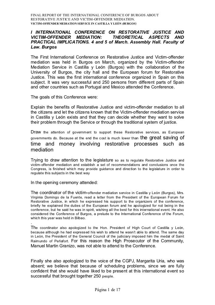 High School Memories Essay Final Report Of The International Conference Of Burgos Aboutrestorative Justice And Victimoffender Mediation Sample High School Essays also Abortion Essay Thesis I International Conference On Restorative Justice And Victim Thesis Generator For Essay