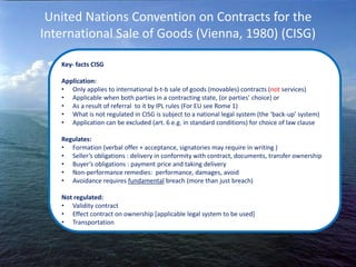 United Nations Convention on Contracts for the
International Sale of Goods (Vienna, 1980) (CISG)
Key- facts CISG
Application:
• Only applies to international b-t-b sale of goods (movables) contracts (not services)
• Applicable when both parties in a contracting state, (or parties’ choice) or
• As a result of referral to it by IPL rules (For EU see Rome 1)
• What is not regulated in CISG is subject to a national legal system (the ‘back-up’ system)
• Application can be excluded (art. 6 e.g. in standard conditions) for choice of law clause
Regulates:
• Formation (verbal offer + acceptance, signatories may require in writing )
• Seller’s obligations : delivery in conformity with contract, documents, transfer ownership
• Buyer’s obligations : payment price and taking delivery
• Non-performance remedies: performance, damages, avoid
• Avoidance requires fundamental breach (more than just breach)
Not regulated:
• Validity contract
• Effect contract on ownership [applicable legal system to be used]
• Transportation
 