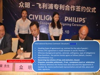 International Business Contracts’ Structure (example)
• Heading (type of agreement e.g. contract for the sale of goods )
• Parties (This agreement is made between A and B (“Parties” )
• Whereas (background parties, rationale, willingness, type of obligations)
• Now therefore , the parties hereto agree as follows (details, clauses)
• Miscellaneous: e.g. :
• Governing law (choice of law, and exclusion, clause)
• Disputes: amicable settlement, if not , competent court or arbitration
• In Witness Whereof, the Parties have duly executed this Agreement in
twofold. By (name (authorised) representative and job title, place and
date, signature.
International Dimensions
 
