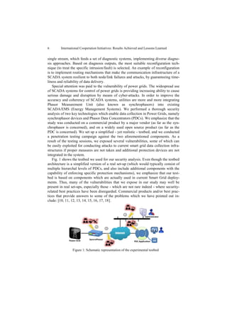 6        International Cooperation Initiatives: Results Achieved and Lessons Learned


single stream, which feeds a set of diagnostic systems, implementing diverse diagno-
sis approaches. Based on diagnosis outputs, the most suitable reconfiguration tech-
nique (to treat the specific intrusion/fault) is selected. An example of reconfiguration
is to implement routing mechanisms that make the communication infrastructure of a
SCADA system resilient to both node/link failures and attacks, by guaranteeing time-
liness and reliability of data delivery.
    Special attention was paid to the vulnerability of power grids. The widespread use
of SCADA systems for control of power grids is providing increasing ability to cause
serious damage and disruption by means of cyber-attacks. In order to improve the
accuracy and coherency of SCADA systems, utilities are more and more integrating
Phasor Measurement Unit (also known as synchrophasors) into existing
SCADA/EMS (Energy Management Systems). We performed a thorough security
analysis of two key technologies which enable data collection in Power Grids, namely
synchrophasor devices and Phasor Data Concentrators (PDCs). We emphasize that the
study was conducted on a commercial product by a major vendor (as far as the syn-
chrophasor is concerned), and on a widely used open source product (as far as the
PDC is concerned). We set up a simplified - yet realistic - testbed, and we conducted
a penetration testing campaign against the two aforementioned components. As a
result of the testing sessions, we exposed several vulnerabilities, some of which can
be easily exploited for conducting attacks to current smart grid data collection infra-
structures if proper measures are not taken and additional protection devices are not
integrated in the system.
    Fig. 1 shows the testbed we used for our security analysis. Even though the testbed
architecture is a simplified version of a real set-up (which would typically consist of
multiple hierarchal levels of PDCs, and also include additional components with the
capability of enforcing specific protection mechanisms), we emphasize that our test-
bed is based on components which are actually used in current Smart Grid deploy-
ments. Thus, many of the vulnerabilities that we expose in our study may well be
present in real set-ups, especially those - which are not rare indeed - where security-
related best practices have been disregarded. Commercial products and/or best prac-
tices that provide answers to some of the problems which we have pointed out in-
clude: [10, 11, 12, 13, 14, 15, 16, 17, 18].




                 Figure 1: Schematic representation of the experimental testbed
 
