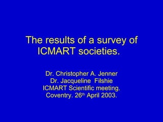 The results of a survey of ICMART societies.  Dr. Christopher A. Jenner Dr. Jacqueline  Filshie ICMART Scientific meeting. Coventry. 26 th  April 2003. 