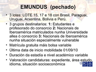 EMUNDUS (pechado)
• 3 lotes: LOTE 15, 17 e 18 con Brasil, Paraguai,
Uruguai, Arxentina, Bolivia e Perú.
• 3 grupos destinatarios: 1: Estudantes e
profesorado do consorcio 2: Nacionais de
Iberoamérica matriculados nunha Universidade
allea ó consorcio 3: Nacionais de Iberoamérica
nunha situación especialmente vulnerable
• Matrícula gratuita máis bolsa variable
• Última data de inicio mobilidade 01/09/10
• Duración da estadía e nivel académico variable
• Valoración candidaturas: expediente, área estudo,
idioma, situación socioeconómica
 