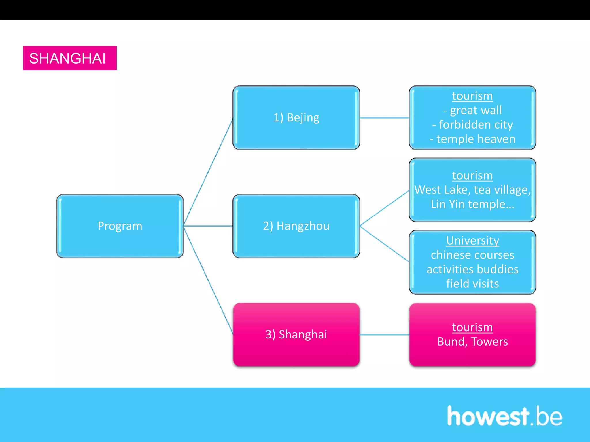 Program
1) Bejing
tourism
- great wall
- forbidden city
- temple heaven
2) Hangzhou
tourism
West Lake, tea village,
Lin Yin temple…
University
chinese courses
activities buddies
field visits
3) Shanghai
tourism
Bund, Towers
SHANGHAI
 